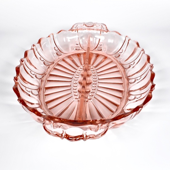 VTG Pink Depression Glass Oval Divided Candy Relish Dish 12" Long Oyster Pearl - Picture 3 of 10